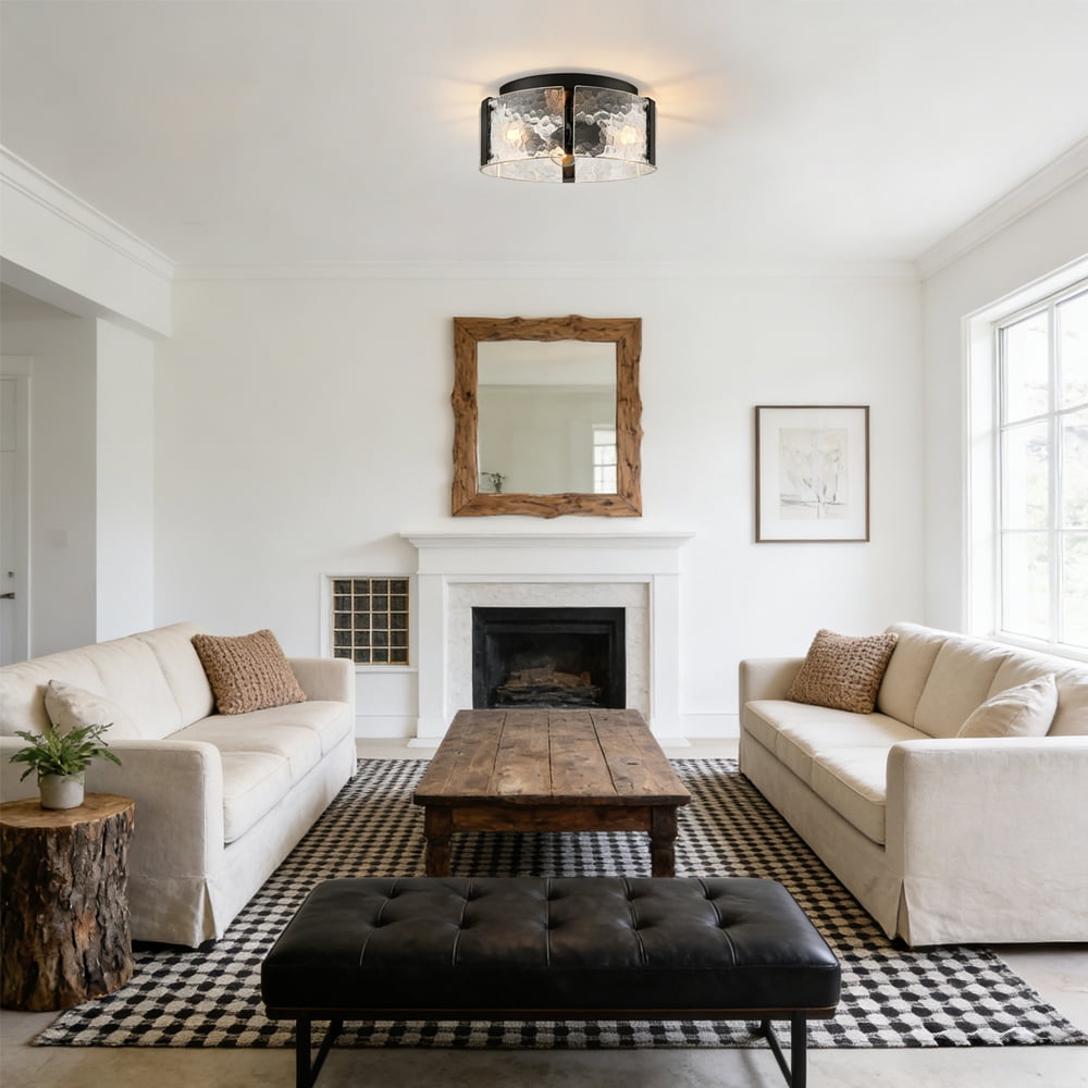 Farmhouse Ceiling Light Fixture 3-Light Black Ceiling Light with Textured Glass Drum Shade