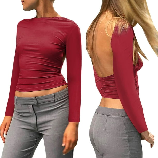 Top corto sin espalda de manga corta liso para mujer: camiseta sexy informal para la playa con cuello redondo y corte ajustado