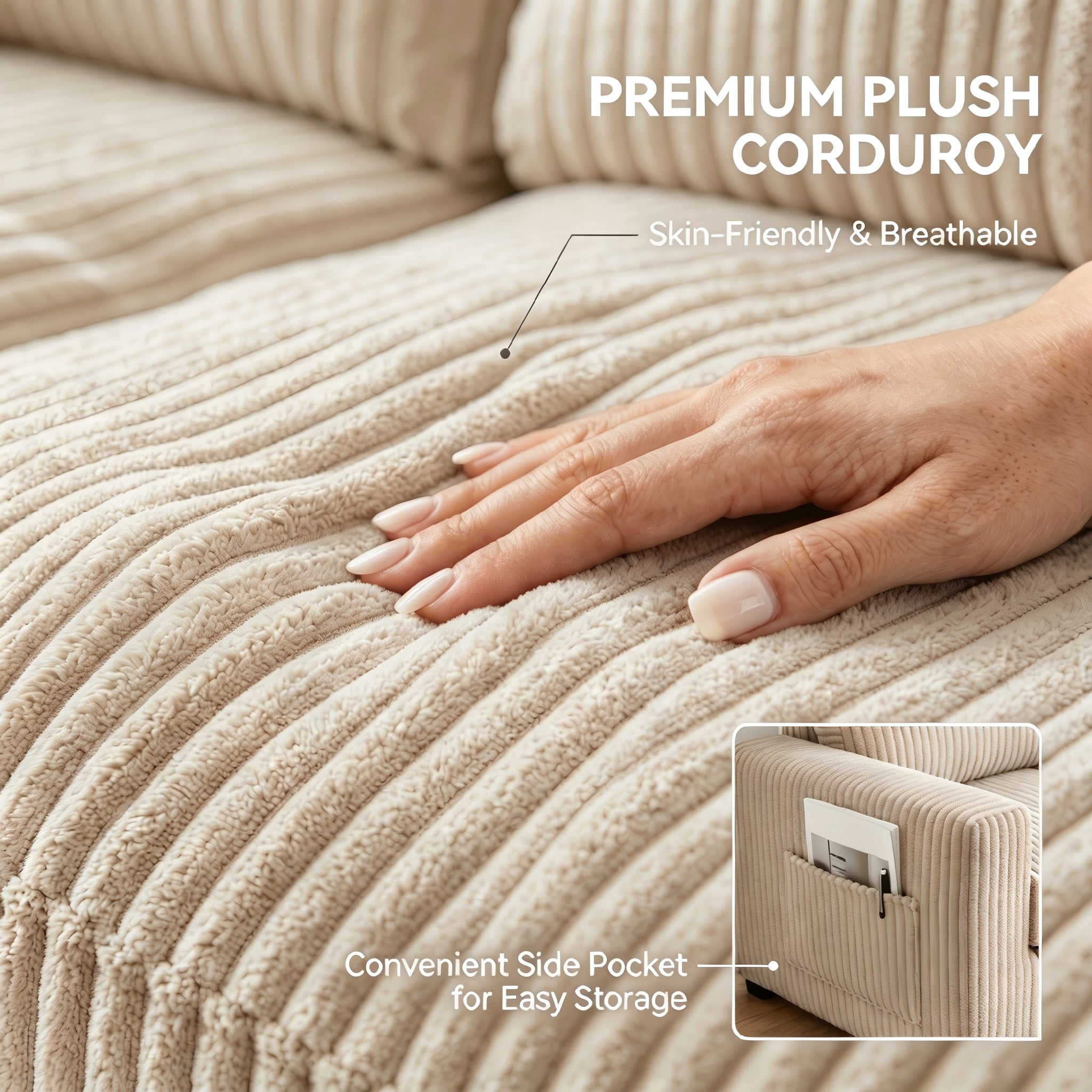 104" Cloud Sectional Sofa with Chaise, L-Shaped Corduroy Couch for Living Room, Zero Assembly, Memory Foam & Pocket Spring, Arrives in 2 Boxes, Right Facing (Beige)