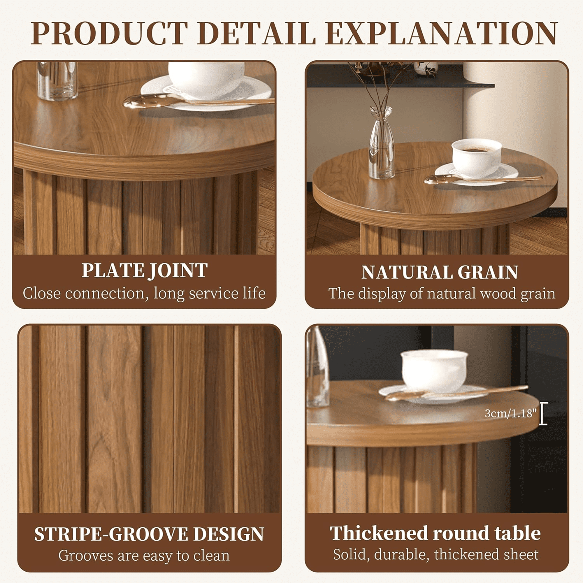 Round Side End Table 22" Tall Fluted Small End Table for Small Spaces, Modern Farmhouse Wooden Accent Table Small Drink Table for Living Room Bedroom(Walnut)