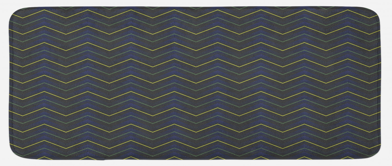 Dark Blue Kitchen Mat, Modern Geometrical Pattern with Neon Effected
