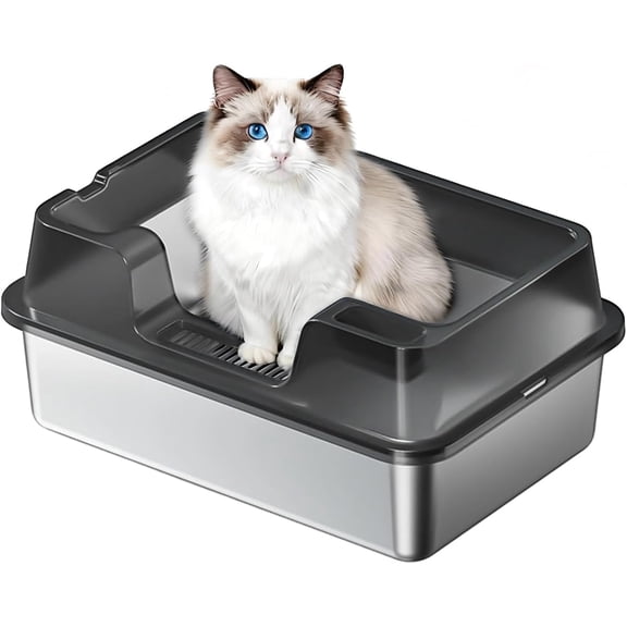 XL Stainless Steel Cat Litter Box - High Sided Enclosed Style - Odor Control - Non Stick Easy Clean Tray - 36 L - 60x40x27 cm - Clear Black