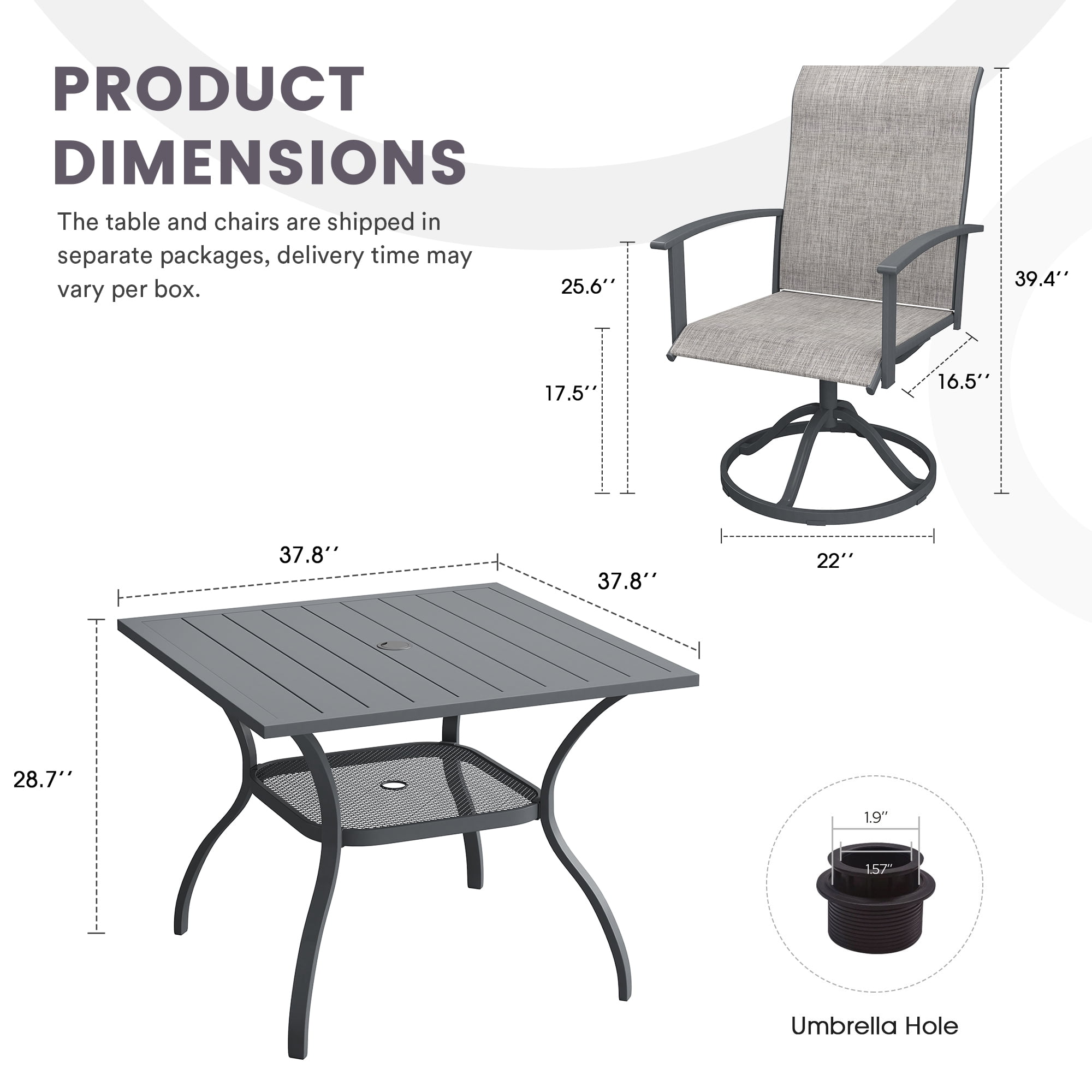 DIFY 5PCS Patio Dining Furniture Set, 38" Square Slatted Table and 4 Swivel Textilene Chairs