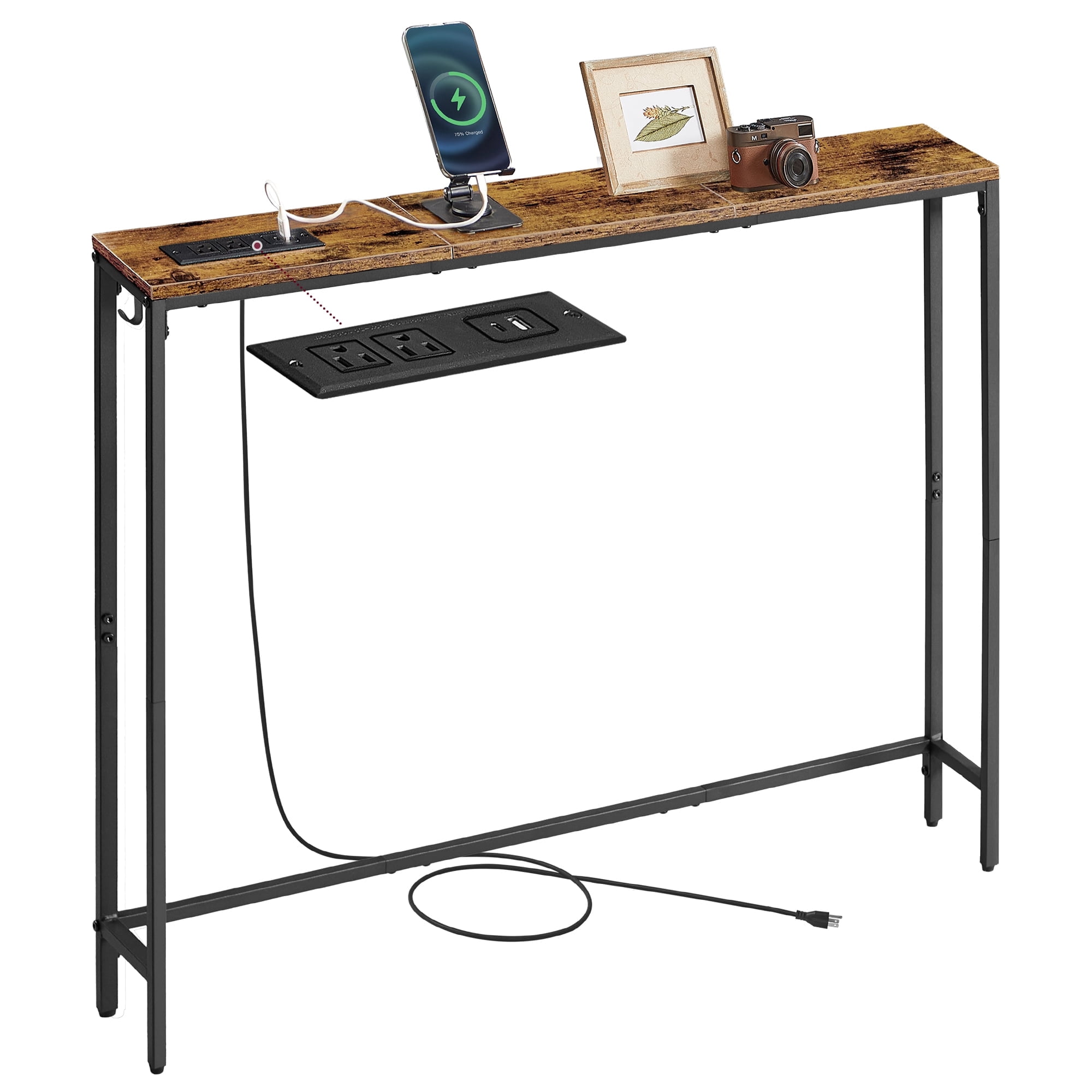 VASAGLE Console Table with Power Outlet, Slim Behind Couch Sofa Table, 15 x 100 x 80 cm, 1 Hook, Easy Assembly, Rustic Brown and Ink Black