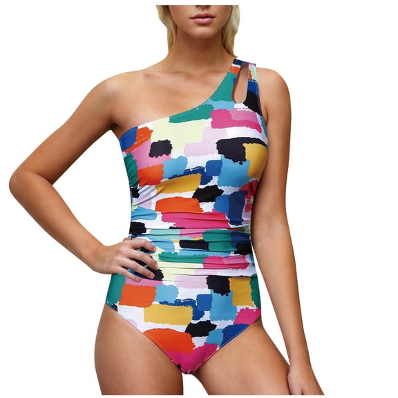 Stamzod Womens One Piece Swimsuits Summer Ruched One Shoulder Bathing Suits Slim Tummy Control Tankini Swimsuits for Women Red XL