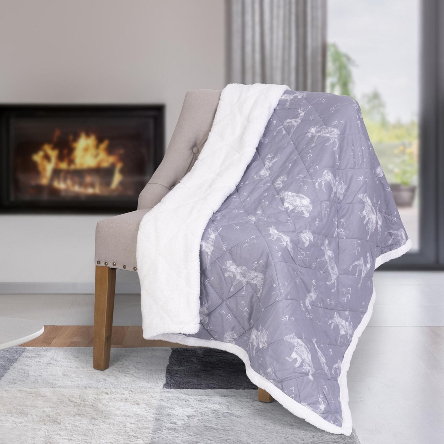 Safdie & Co. Oversized Quilted Throw Blanket Grey Wildlife