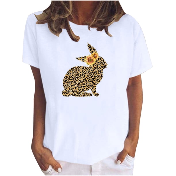 Camiseta de manga corta de verano de Pascua con cuello redondo suelto informal estampado para mujer Fridja bn1284