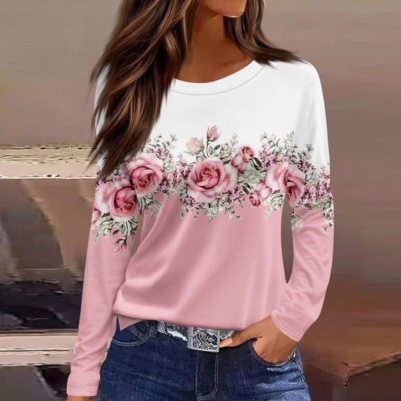 SYMOID Womens Long Sleeve Floral Top - Pink & White Color Block, Rose Print, Stretchy Soft Casual Blouse for Daily Wear, S-XXL,Size XL