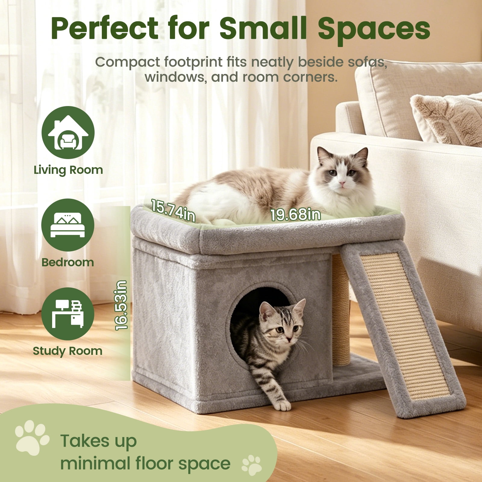 Cat Tree Tower with Perch Bed and Washable Top, Cat Tree with Sisal Scratching Posts, Condos, Plush Perches, Hanging Cat Toys, Extended Platform for Cats to Play and Sleep, Gray