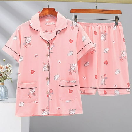 

PIKADINGNIS 2 Pieces Pijamas Women Over Size Pyjamas Short Sleeve Casual Home Wear Clothes Summer Pajama Sets Full Cotton Sleepwear Set