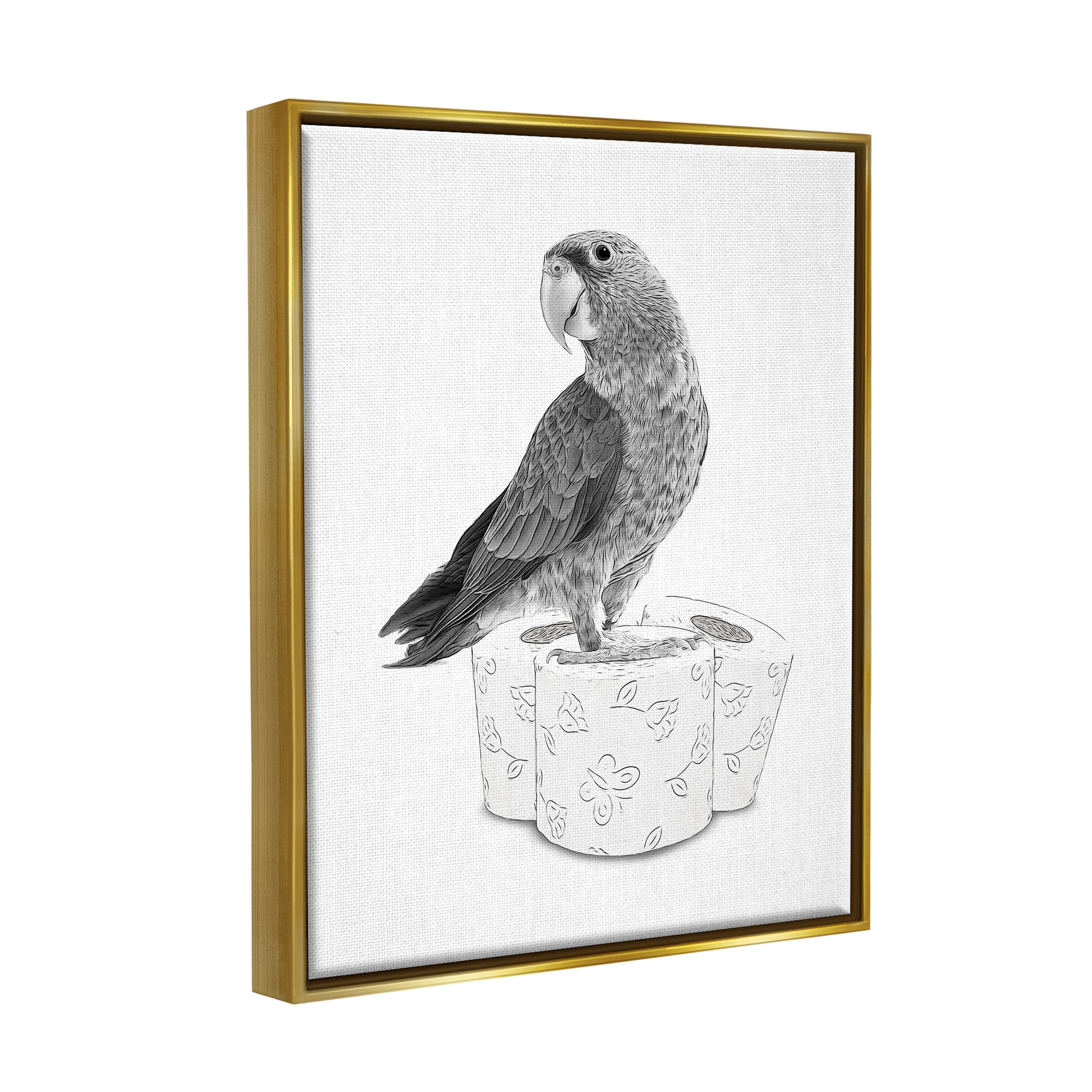 Stupell Industries Parrot & Toilet Paper Bathroom Animals & Insects Painting Gold Floater Framed Art Print Wall Art