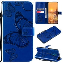 Wallet Case for Motorola Moto G Play 2021, Magnetic Flip Kickstand Emboss Butterfly PU Leather Protective Phone Cover with Wrist Strap & Card Slots, Blue