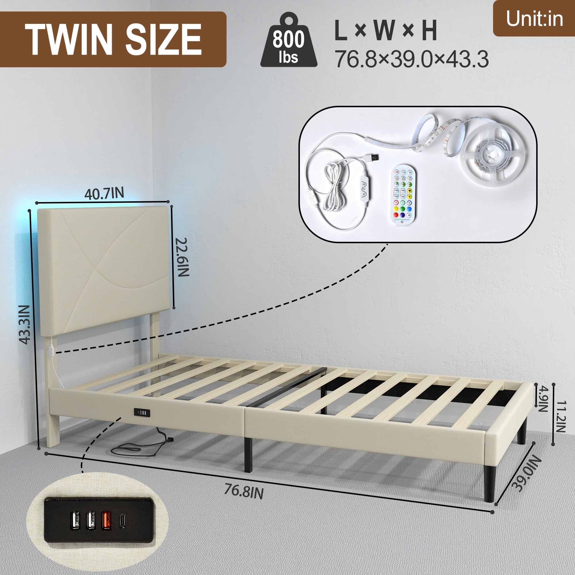 Homy Casa Upholstered Twin Bed with Tech Charging and LED Lights, Modern Headboard, Beige