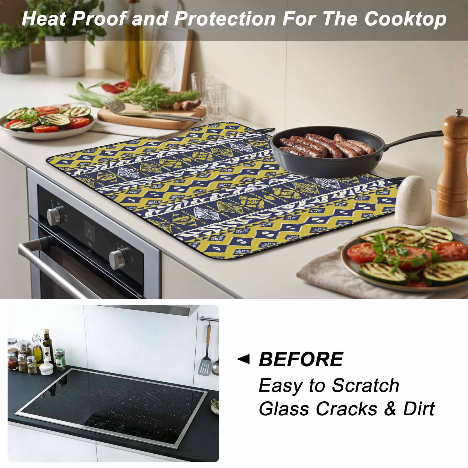 Yellow Navy Blue Geometric Stove Top Cover for Electric Stove, Heat-proof & Non Slip Glass Top Stove Cover Protector, Southwestern Ethnic Boho Kitchen Flat Cooktop Rubber Mat 24x21 Inches