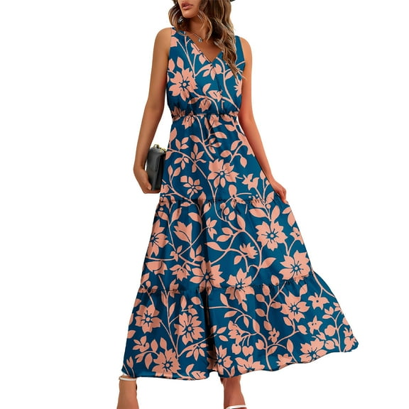 WIZUTIZ Summer Maxi Dress Trendy Plus Size High Waist Pleated Floral Print Shift Dress Sleeveless V-Neck Peplum Dress for Lady Ankle-Length Breathable Shopping Dress Blue