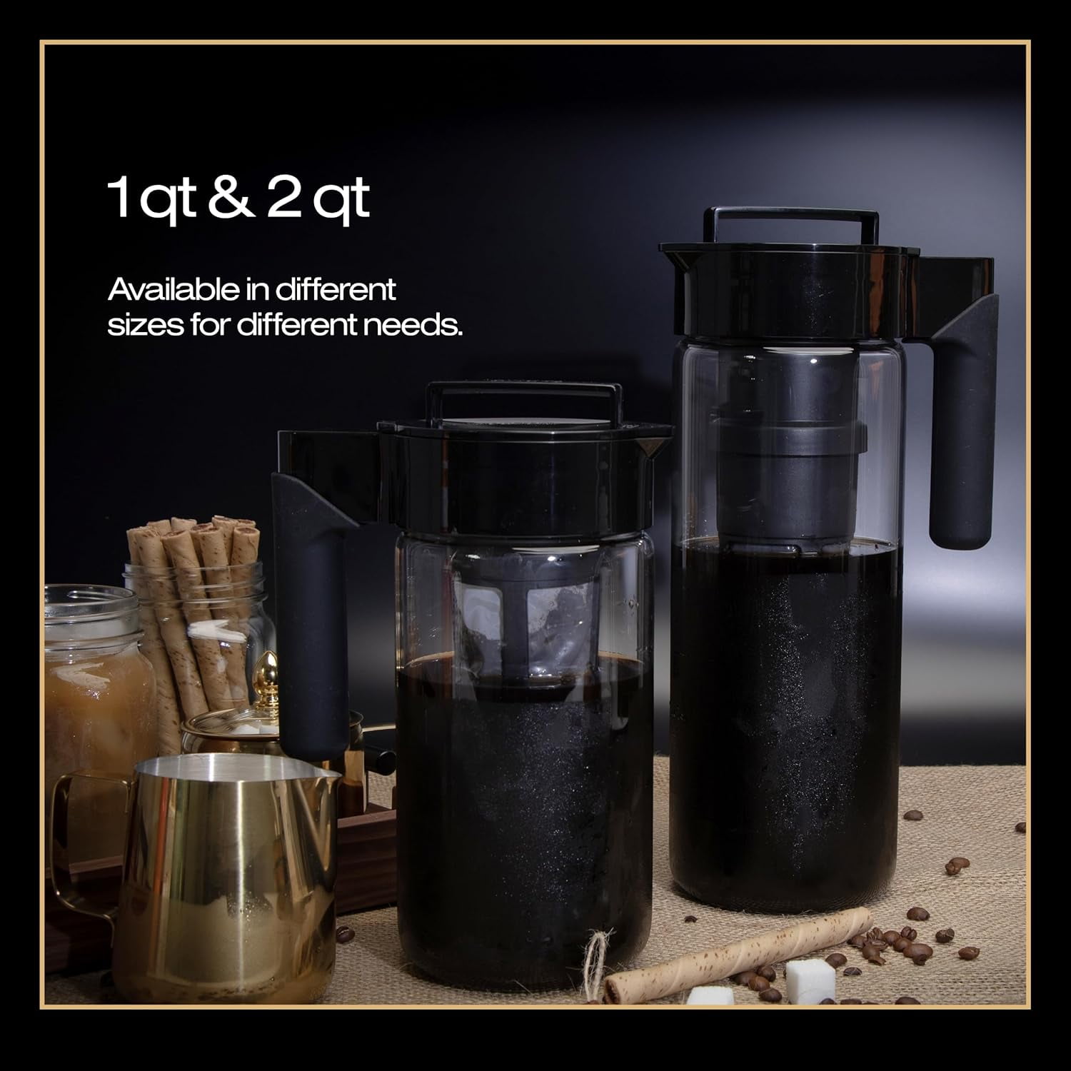 Takeya Glass Cold Brew Coffee Maker for Iced Coffee, Airtight Pitcher, 1 Quart, Black Lid and Handle