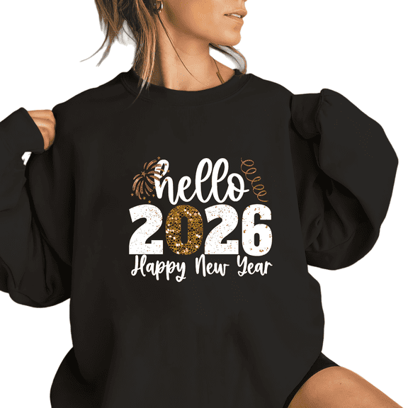 2026 New Year's Eve Graphic Sweatshirt Black S-3XL Glitter Print Sweatshirt Tops Round-neck pure cotton sweatshirt
