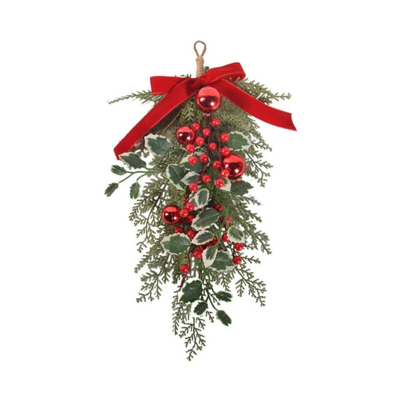 19'' Christmas Teardrop Swag, Artificial Norfolk Pine Pinecone Wreath with Red Berries & Acorns for Front Door Decoration, C, Wreath