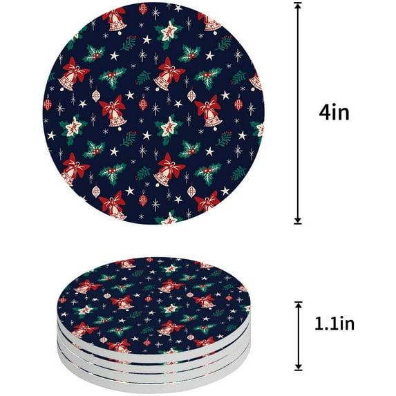 FMSHPON Merry Christmas Decor Xmas Holly Bell Set of 8 Round Coaster for Drinks, Absorbent Ceramic Stone Coasters Cup Mat with Cork Base for Home Kitchen Room Coffee Table Bar Decor