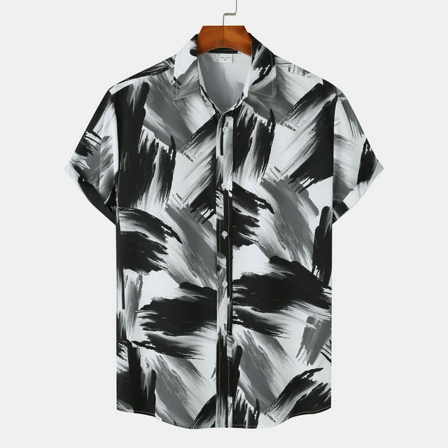 EGNMCR Men Casual Buttons Color Block Print With Pocket Turndown Short Sleeve Shirt Blouse