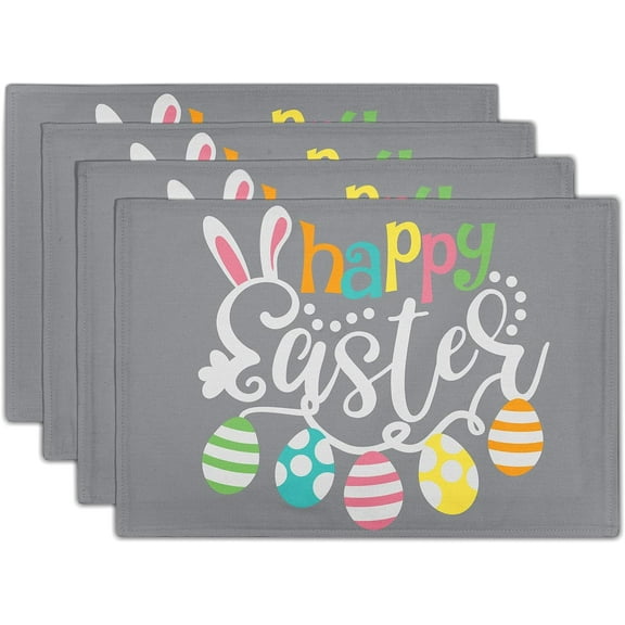 Happy Easter Placemats Set of 4, 12" X 18" Cute Bunny Ear Linen Table Place Mat, Colorful Hanging Easter Eggs Heat Resistant Table Mats for Dining Kitchen Home Holiday Decor