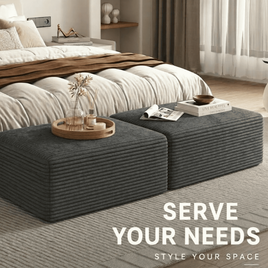 Large Oversized Corduroy Ottoman Footrest for Sofa Large Rectangle Floor Bench Extra Seating Coffee Table for Living Room, No Assembly (Gray)