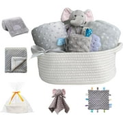 CREVENT Baby Gift Set Storage Basket with Baby Blanket,Security Blanket,Taggie,Gift Bag with Ribbon,Grey,Unisex,4Items