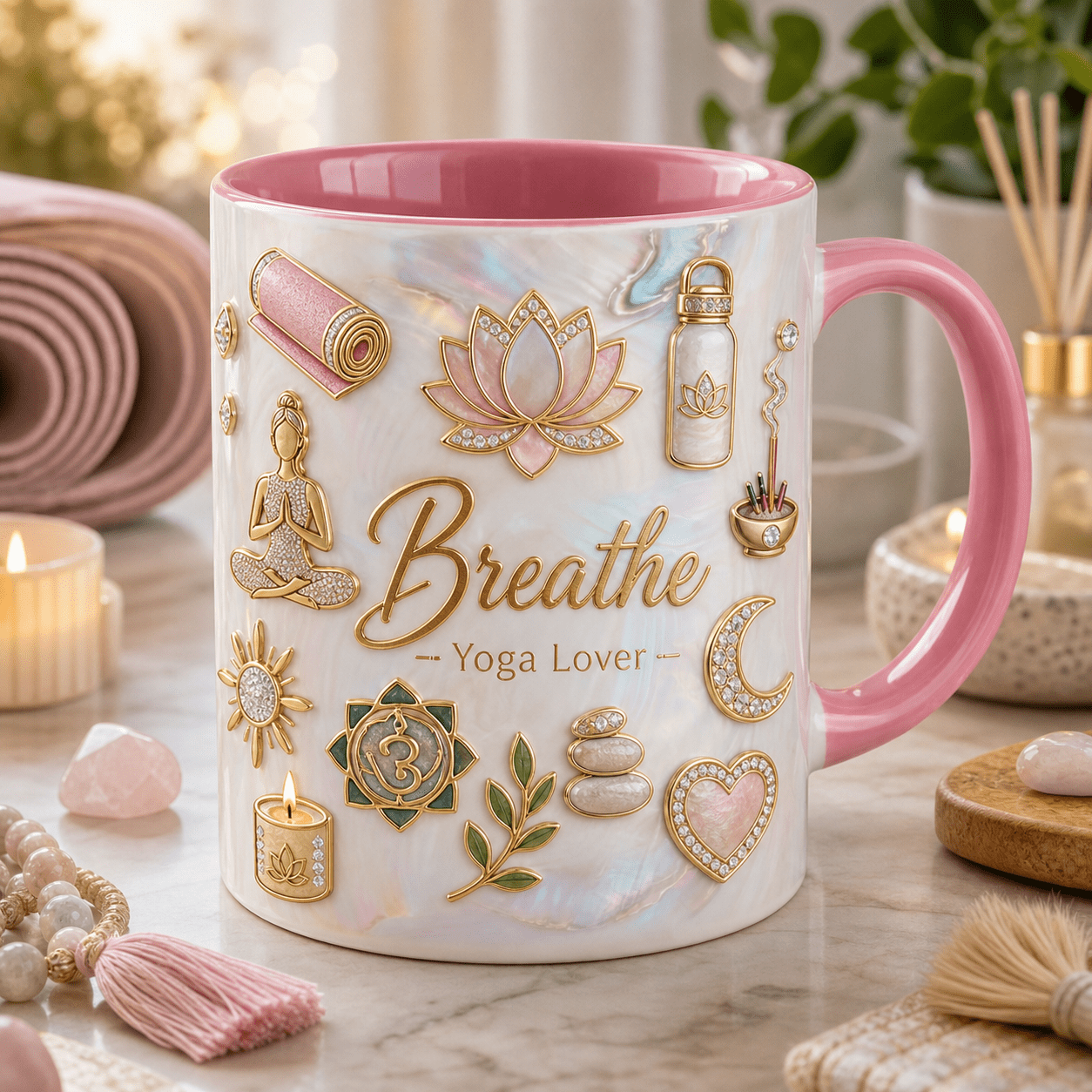 Yoga Mug with Pink Accent, Mindful Wellness Gift