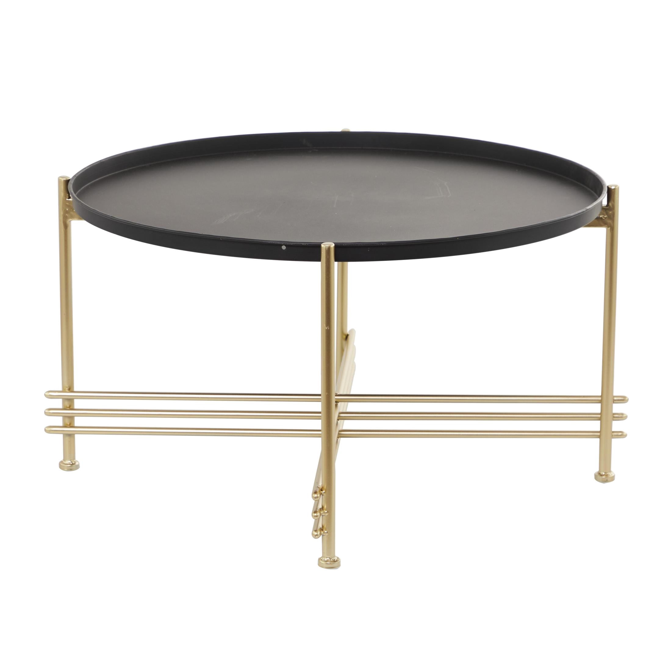 DecMode 33" x 19" Black Metal Tray Top Coffee Table with Gold X-Shaped Base, 1-Piece
