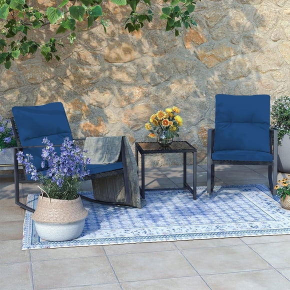 3-Piece Outdoor Wicker Patio Furniture Set, All-Weather Rattan Conversation Bistro Set with Blue Cushions & Glass-Top Side Table, for Patio, Backyard, Balcony, Porch