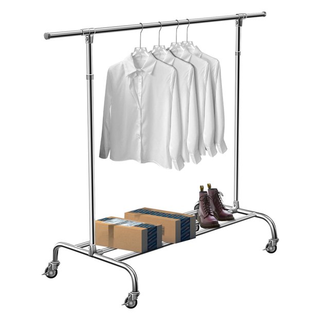 BLUELK Hanging Garment Rack with Shelves Clothing Racks on Wheels，Heavy