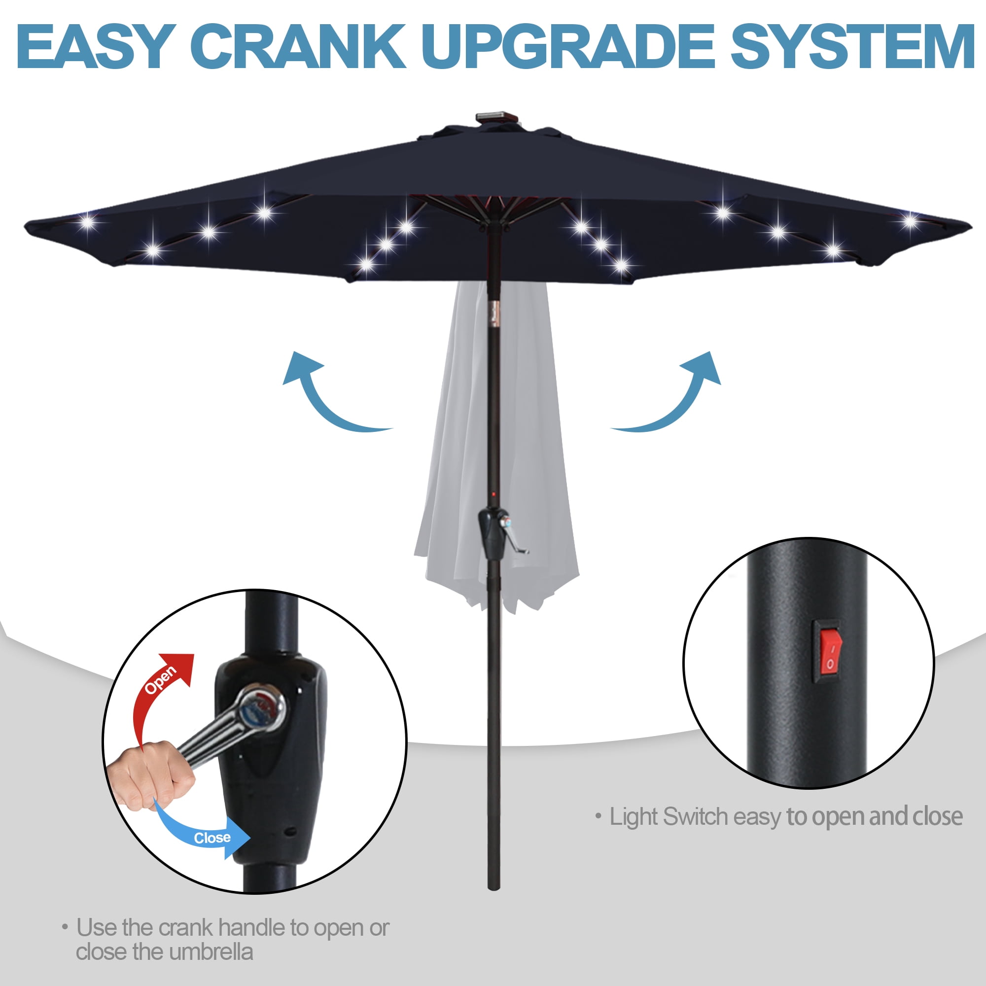 ABCCANOPY 7.5ft Patio Solar Umbrella LED Outdoor Umbrella with Tilt and Crank, Navy Blue