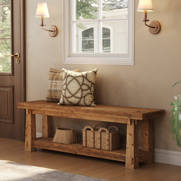 Finmind Solid Wood Shoe Bench with Storage, 55 Inch Foyer Bench with Open Shelf for  Entryway, Hallway, Bedroom, Natural Brown
