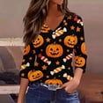 thumbnail image 4 of Women's Halloween T-Shirt Plus Size V-Neck 3/4 Sleeve Top, Witchy Print Halloween Blouse Fall Party and Casual Outfit 01-Black L, 4 of 5