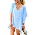 thumbnail image 2 of Mifelio Swimsuit Coverup for Women Up Bikini Tassels Women Beach Chiffon Cover Swimwear Loose Trim Kaftan Beach Towel Beach Cover Ups for Women Light Blue One Size, 2 of 7