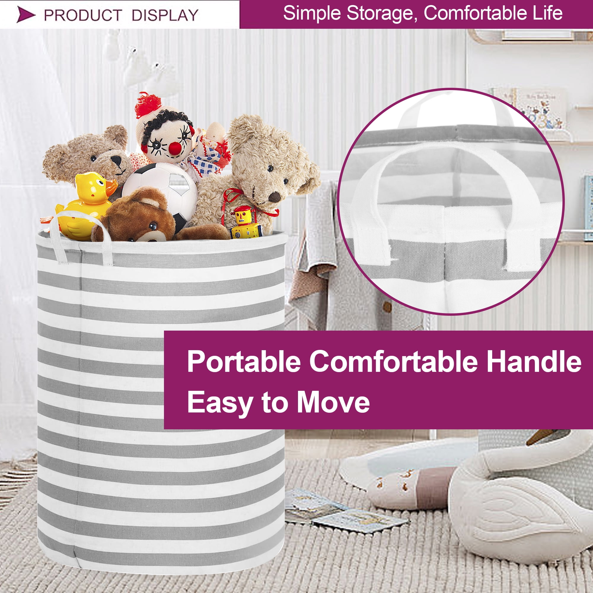Sortora Large Laundry Hamper, Waterproof Canvas Laundry Basket, Collapsible Storage Basket Bin for Kids Room, Toy Organizer, Nursery Hamper, Clothes Hamper, Gray Stripes