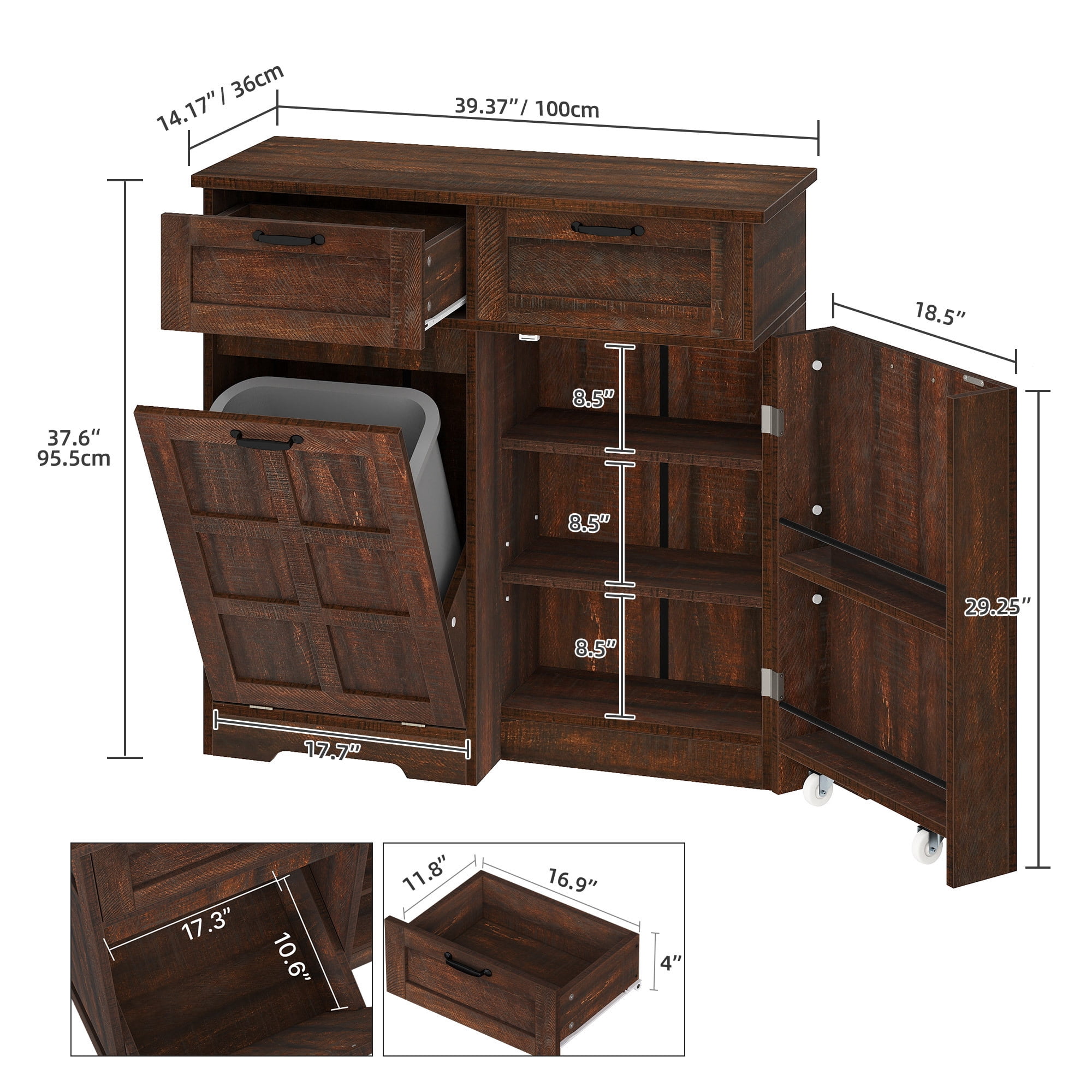 Uforic Kitchen Storage Buffet Cabinet for 10-gal Trash Bin, Tilt Out Trash Cabinet with Drawers & Shelves, Brown