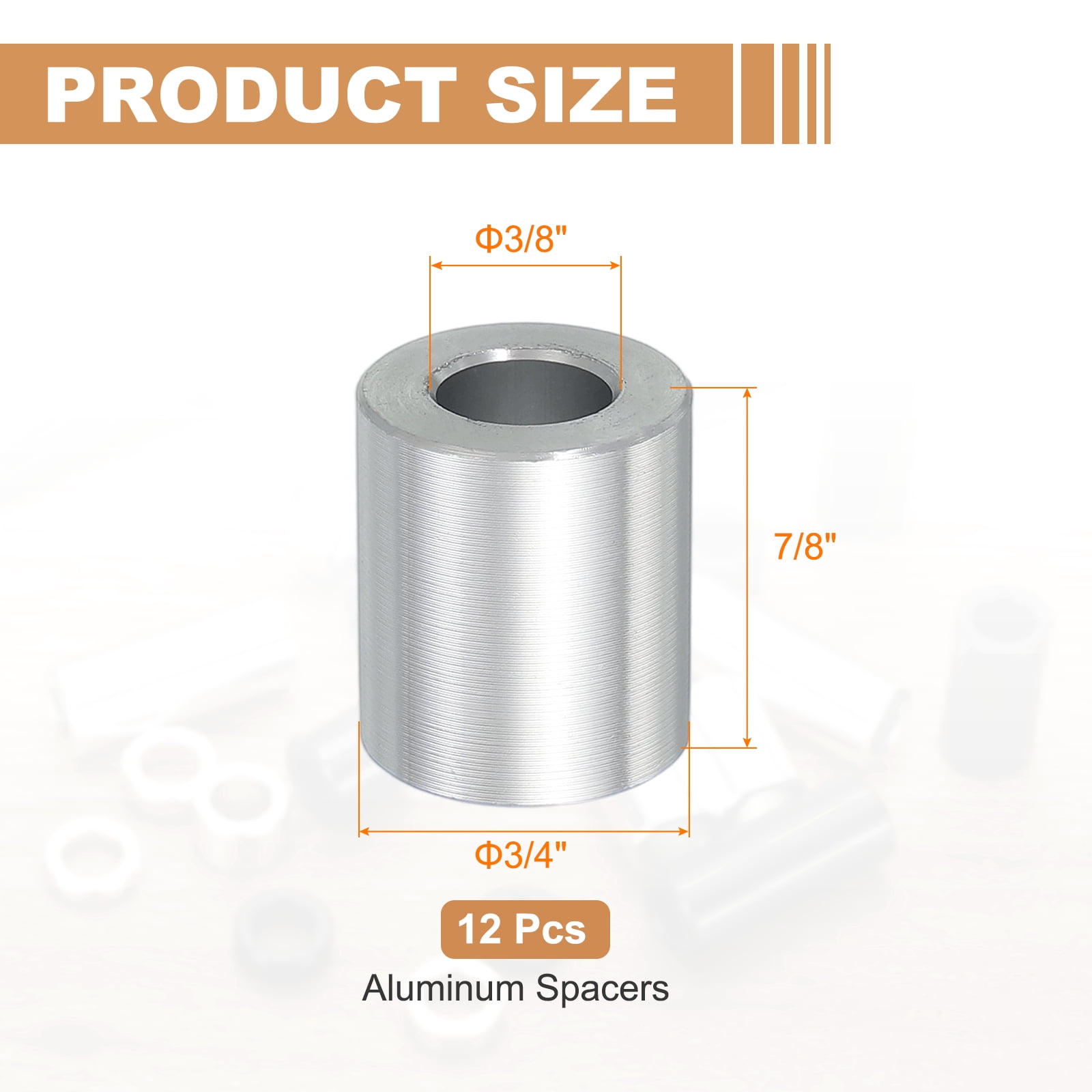12PCS Aluminum Spacers, 3/8" x 3/4" Metal Spacers Aluminum 7/8" L Spacer Screw Standoff Round Unthreaded Standoff Bushing for 3/8inch Screw Bolts, Silver