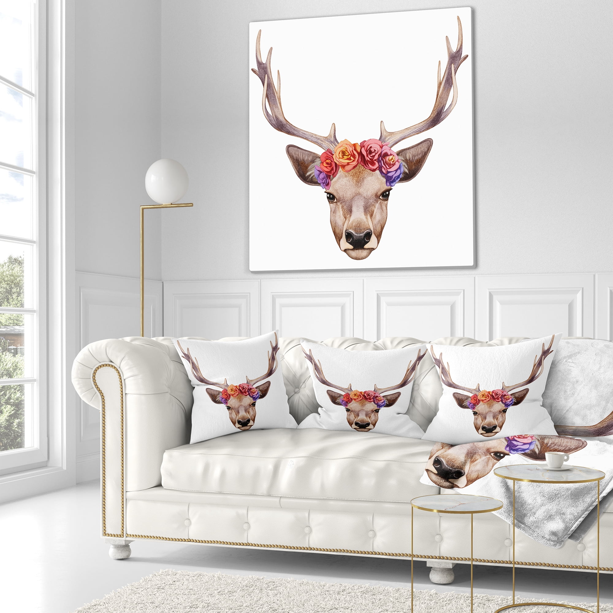 Designart Deer Portrait with Floral Head - Deer Throw Pillow - 18x18