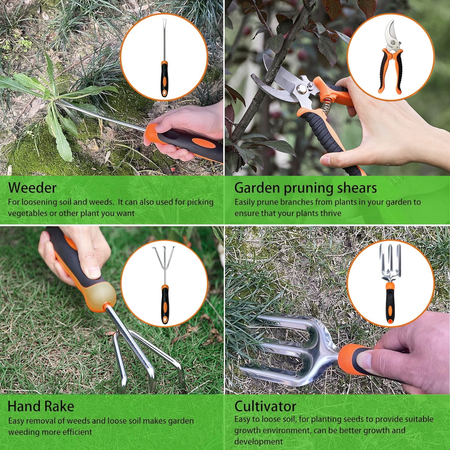 FOUKUS Garden Tool Set, Stainless Steel Heavy Duty Gardening Tool Set, with Non-Slip Rubber Grip, Storage Tote Bag, Outdoor Hand Tools, Ideal Garden Tool Kit Gifts