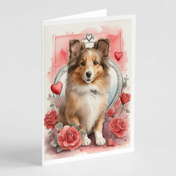 Sheltie Valentine Roses Greeting Cards Pack of 8 7 in x 5 in