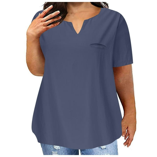 Top de Manga Corta de Verano para las Mujeres de Tamaño Grande Falso Bolsillo V-Cuello Camiseta, Mezcla de Poliéster Algodón Spandex Top Casual, Lavado a Mano Más Tamaño