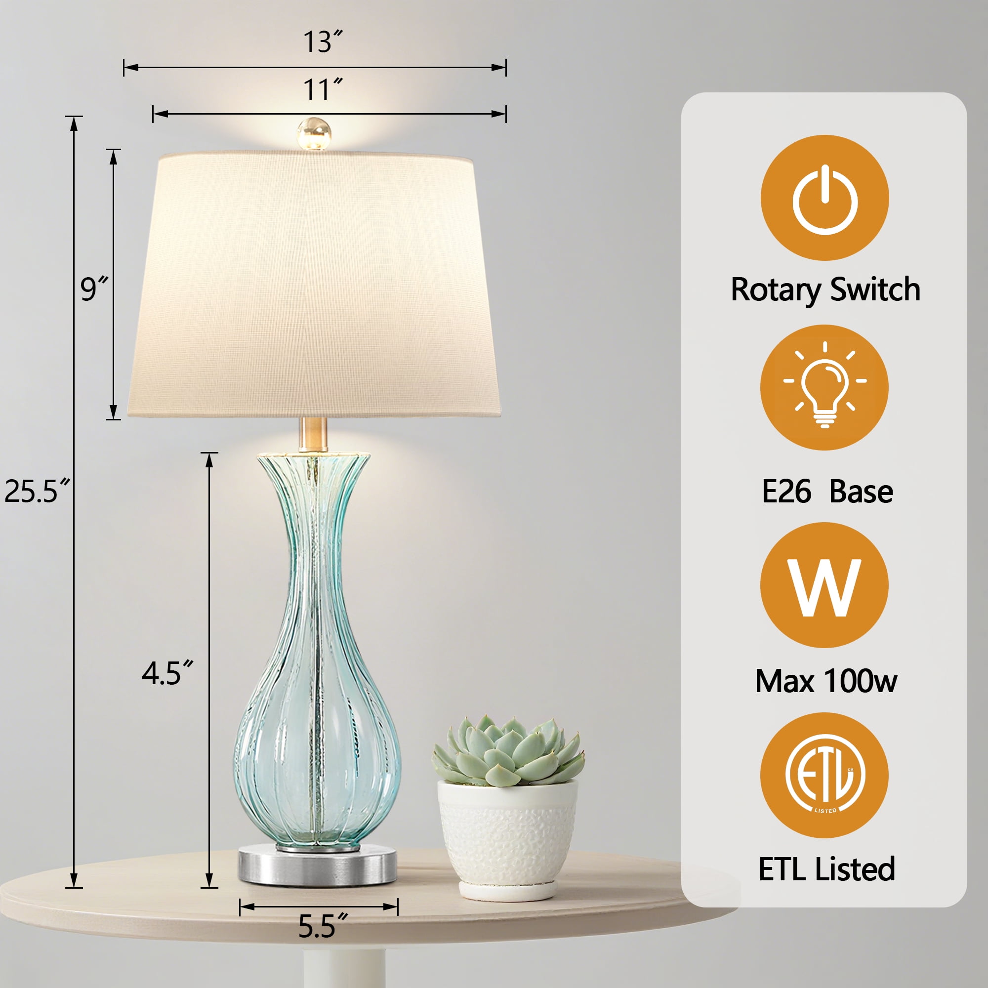 Maxax Nautical Coastal Glass Table Lamps, Pair of 2, 25.5" Blue Droplet Design with White Shade