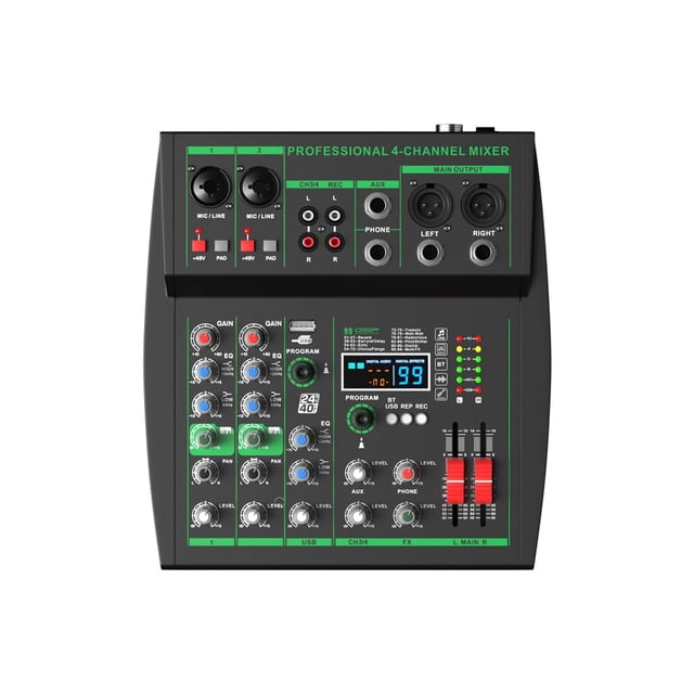 Yamnweo mw-4 black 4Channel Audio Mixer with 99 Sound Effects for PC,Portable Sound Mixing Console with BT USB Recording Input fo