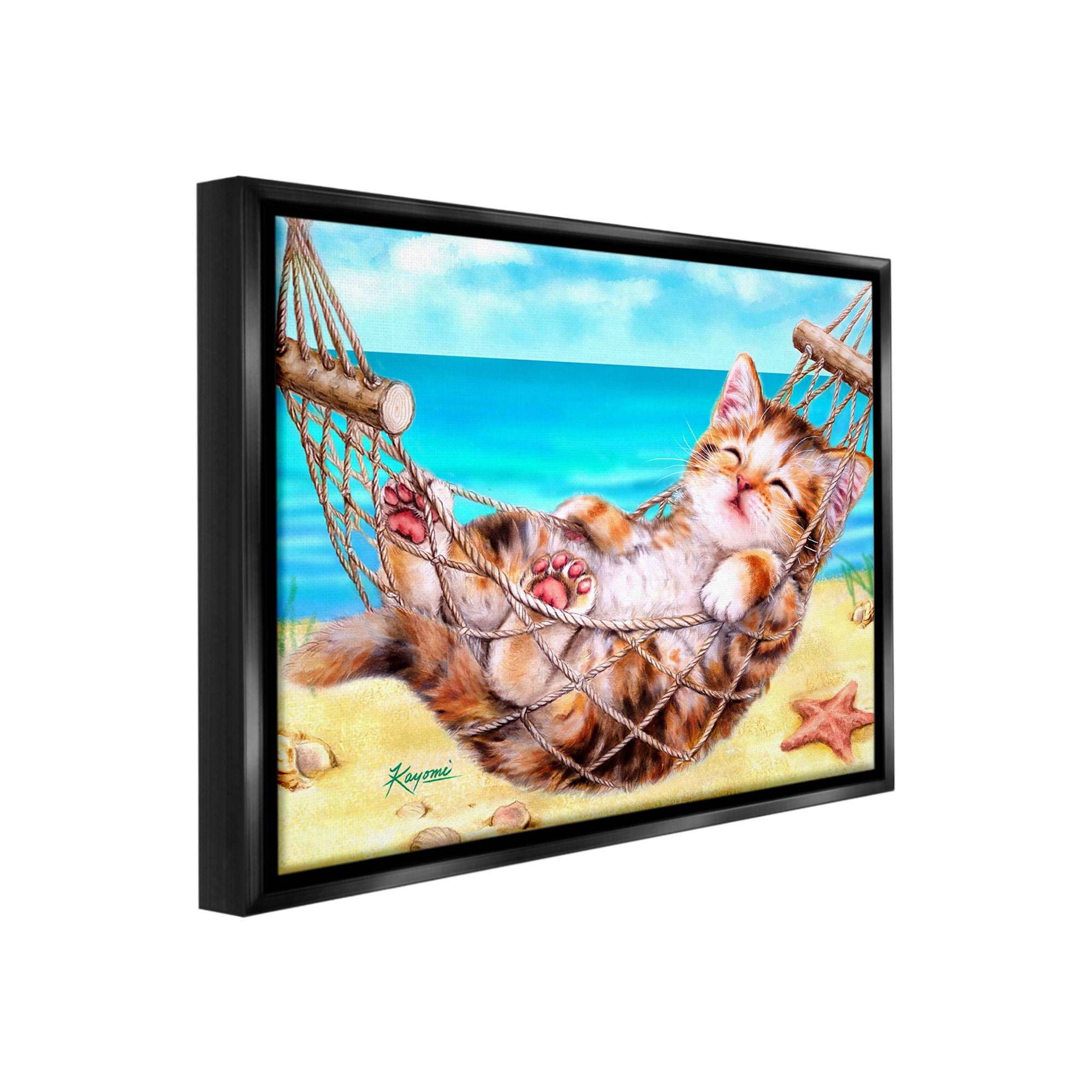 Stupell Industries Kitten in Beach Hammock Animals & Insects Painting Black Floater Framed Canvas Art Print Wall Art, 21 x 17