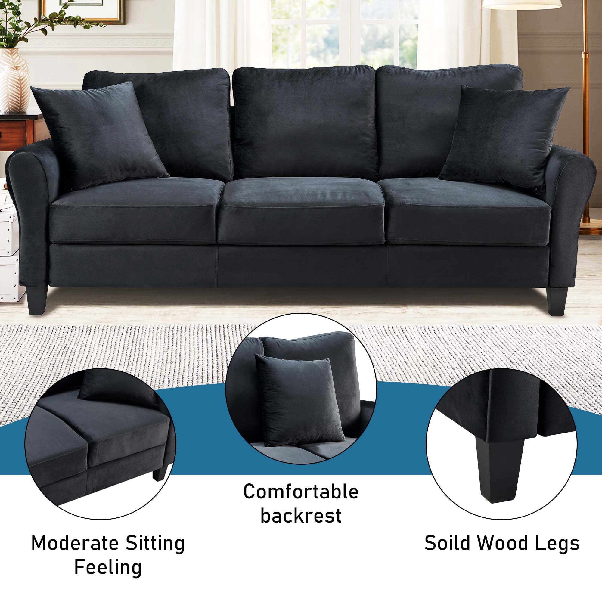 Aukfa 78.4" 3-Seater Sofa, Upholstered Sofa Couch for Living Room - Black
