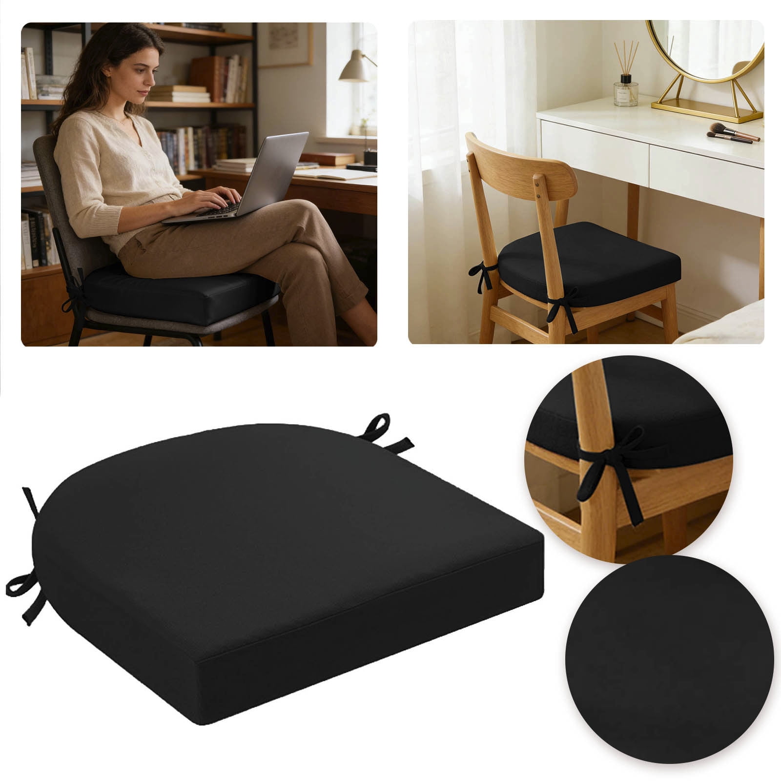Indoor Outdoor Chair Cushion - 16.9 x 15.7 Inch Thick Seat Pad with Adjustable Ties for Dining Chairs, Patio Furniture, and Garden Chairs - Foam Comfort Seat Cushion for Home and Garden (Black)