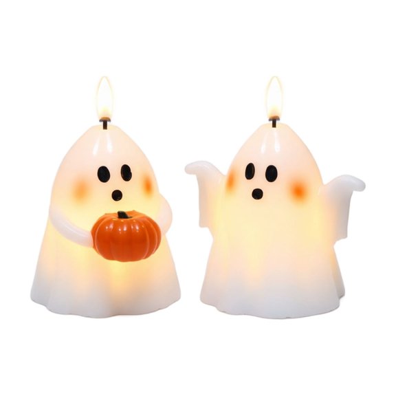 XHKUYI 2 PCS Halloween Ghost Flameless Candles 5.12 inch, Cute Glowing Ghost Figurine with Pumpkin, Battery Operated Flameless Candle Lamp for Tabletop Centerpiece & Fall Home Decor