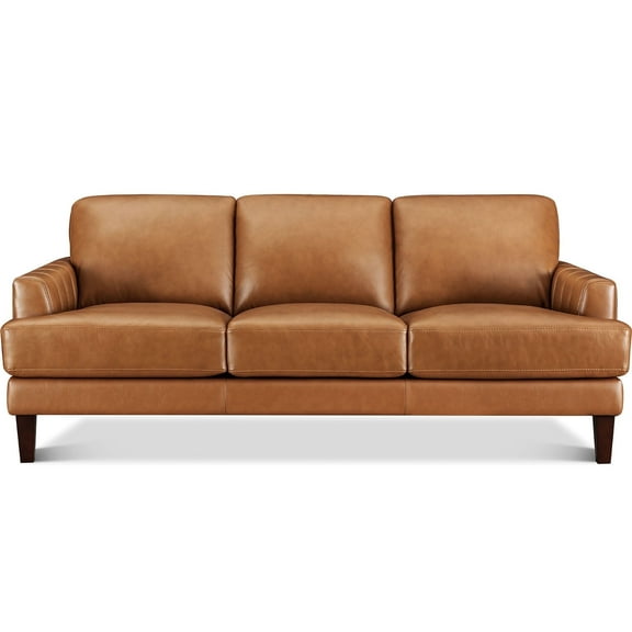 Hydeline Cassia Top Grain Leather Sofa, 3-Seater, Cognac Brown with Tapered Legs. Feather down, Memory Foam and Springs Seating