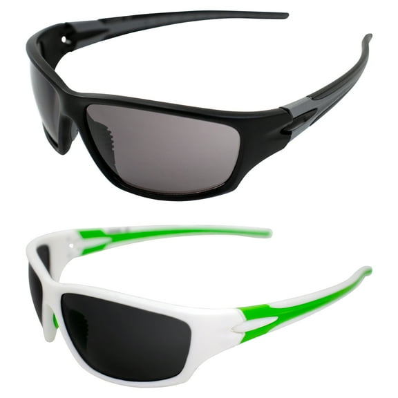 AlterImage Chance Wraparound Sports & Motorcycle Retro Sunglasses for Men or Women 2 Pair Black & White Frames w/ Coinjected Rubber Temples & Smoke Lenses